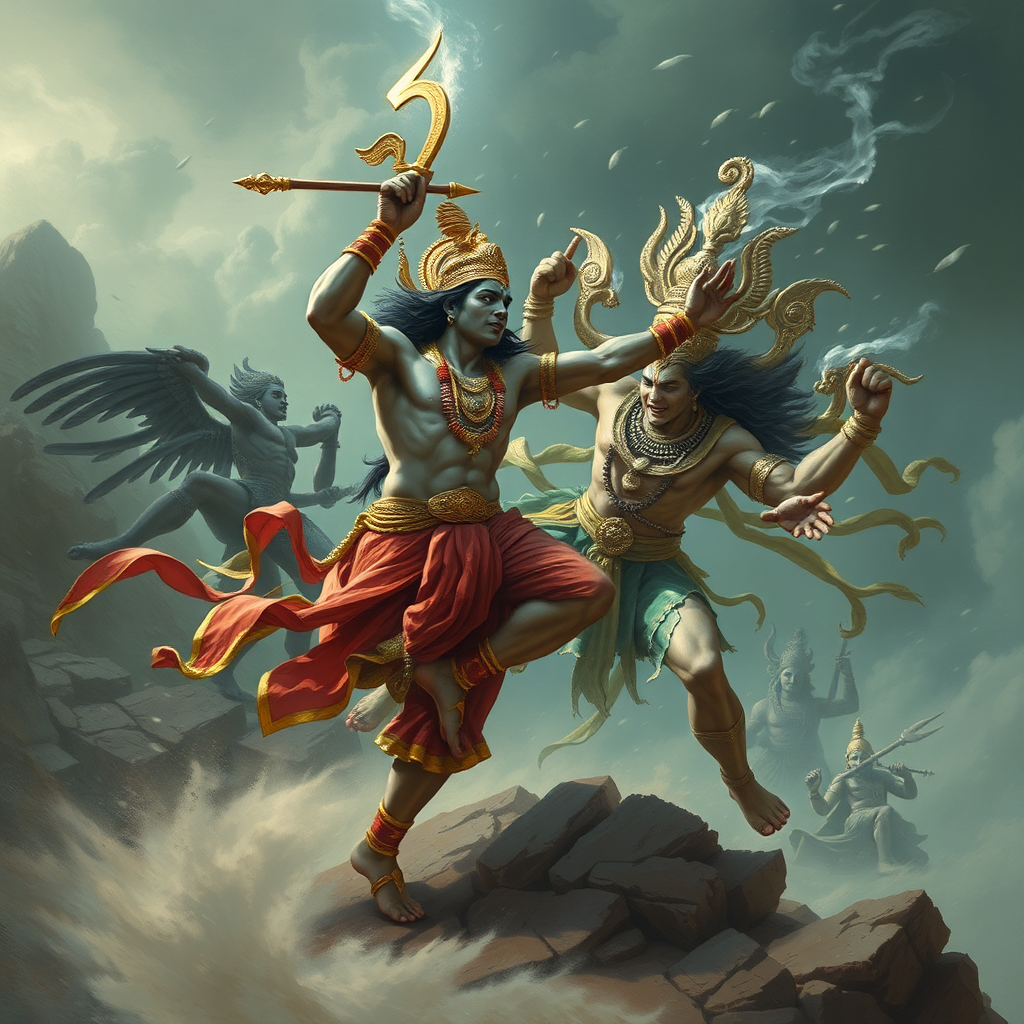 Lord Rama defeats Ravana in a fierce battle.