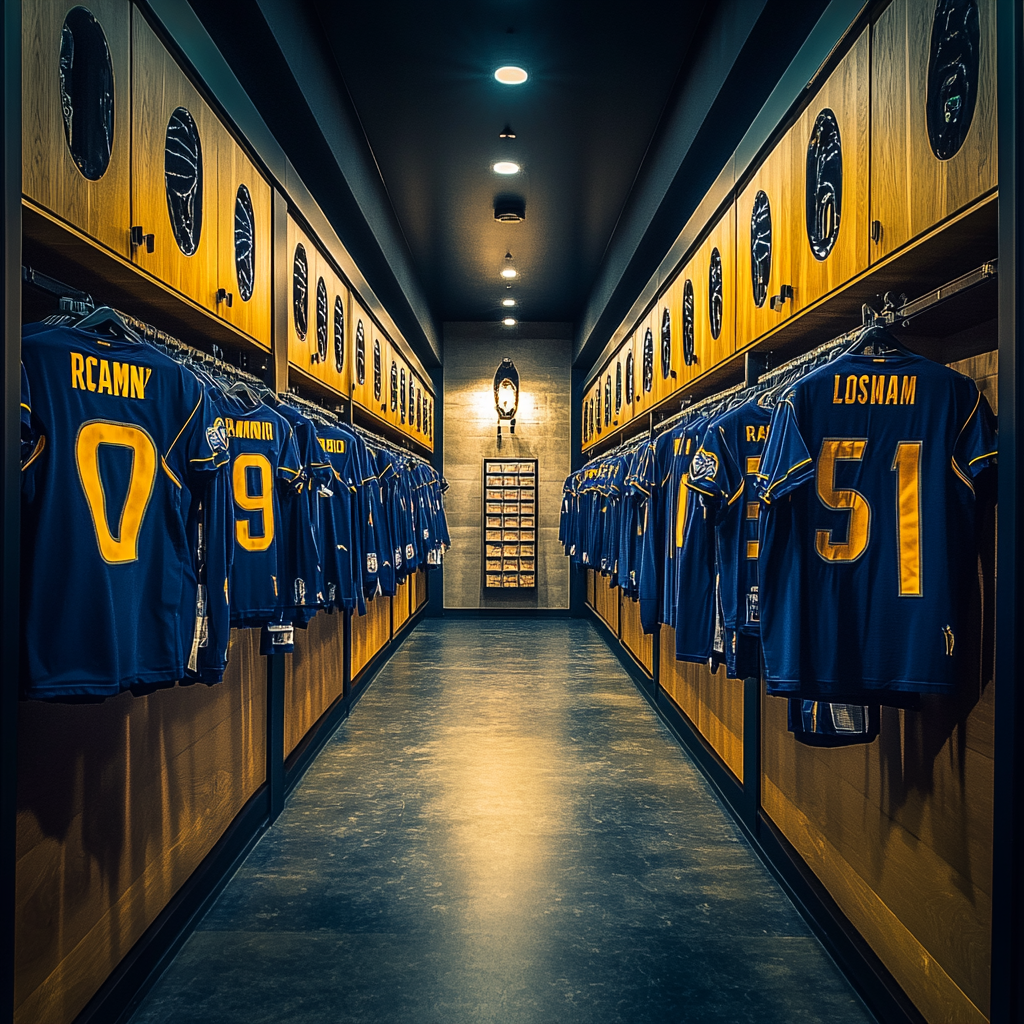 Los Angeles Rams jerseys in locker room, high resolution.