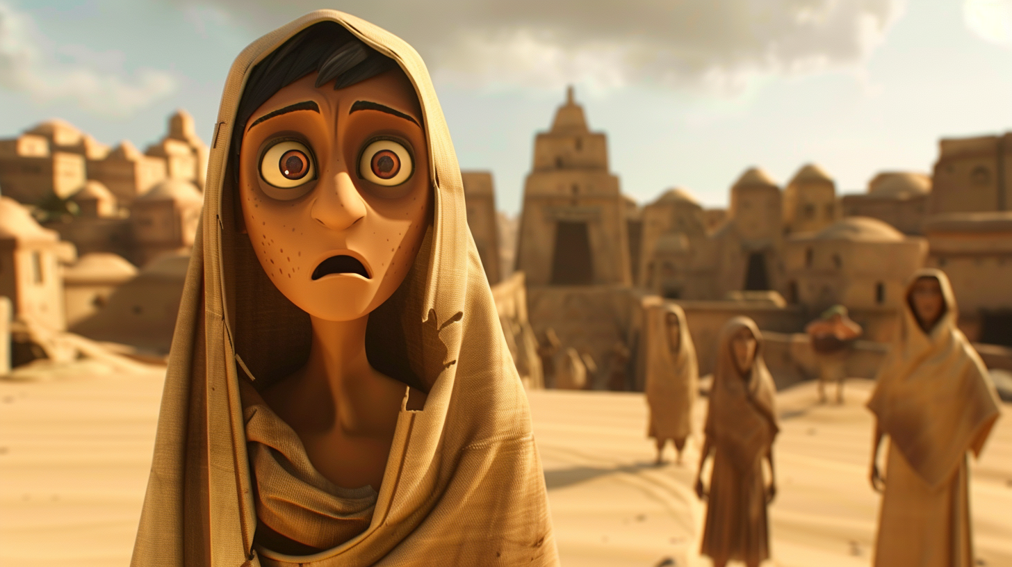 Lost characters in desert village ruins, Pixar-style setting