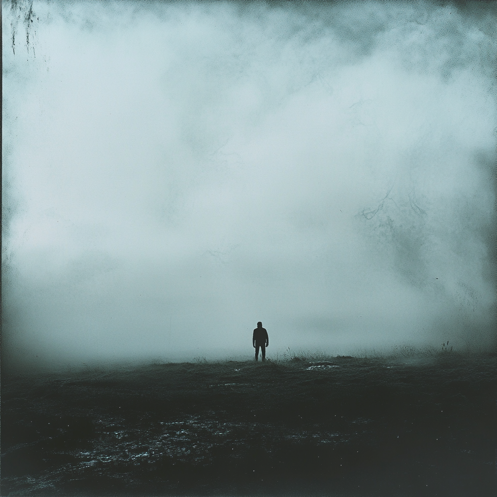 Lost in foggy landscape, dreams fading away.