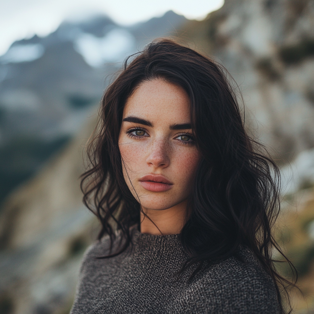 Lost in thought, Megan Fox dazed on cliff top.