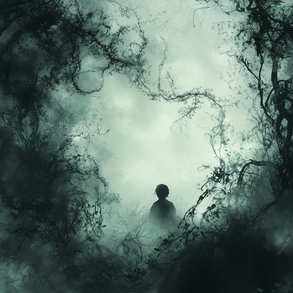 Lost soul in dark, dreamy forest scene.