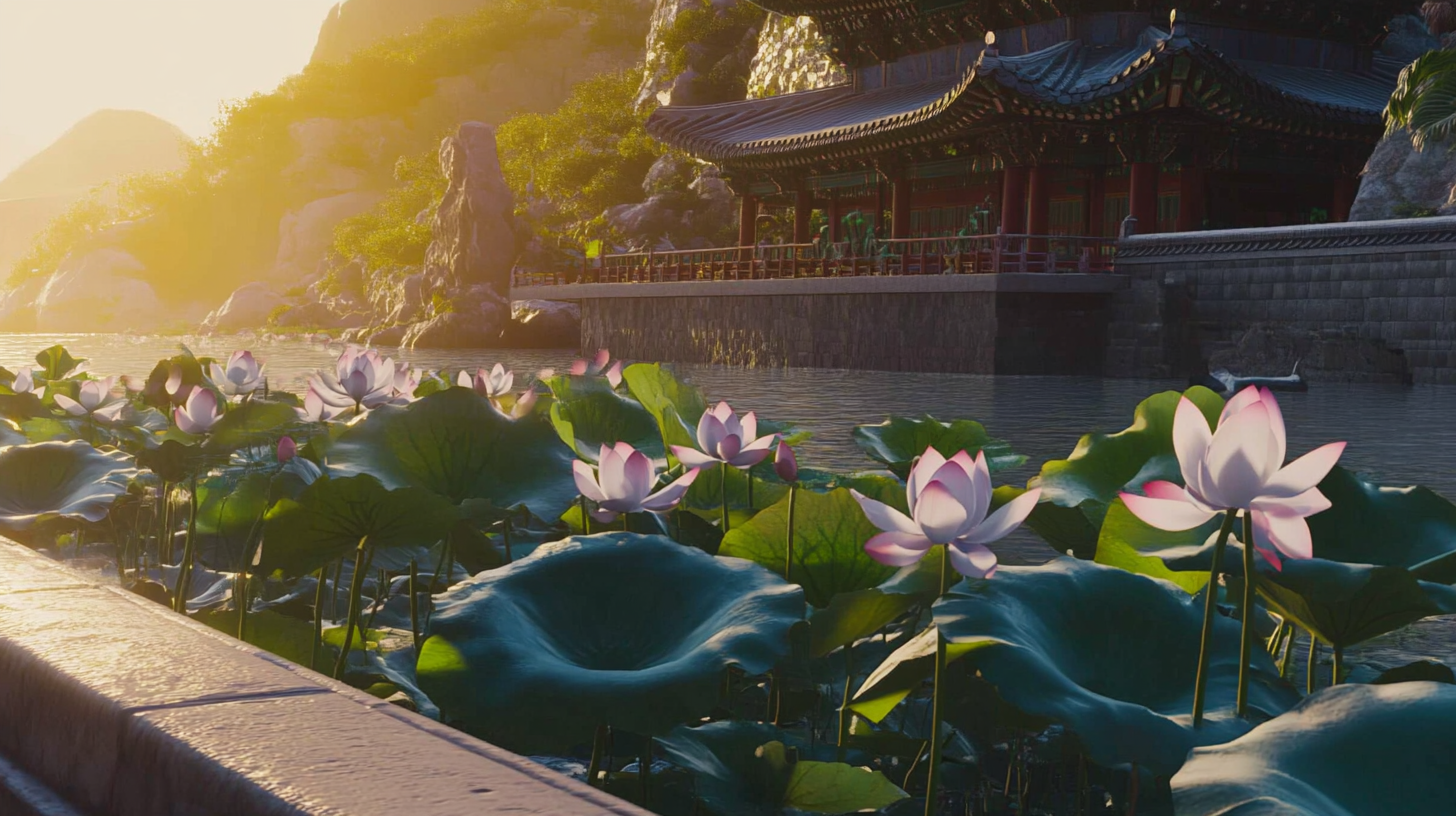 Lotus pond with Korean temple in background.