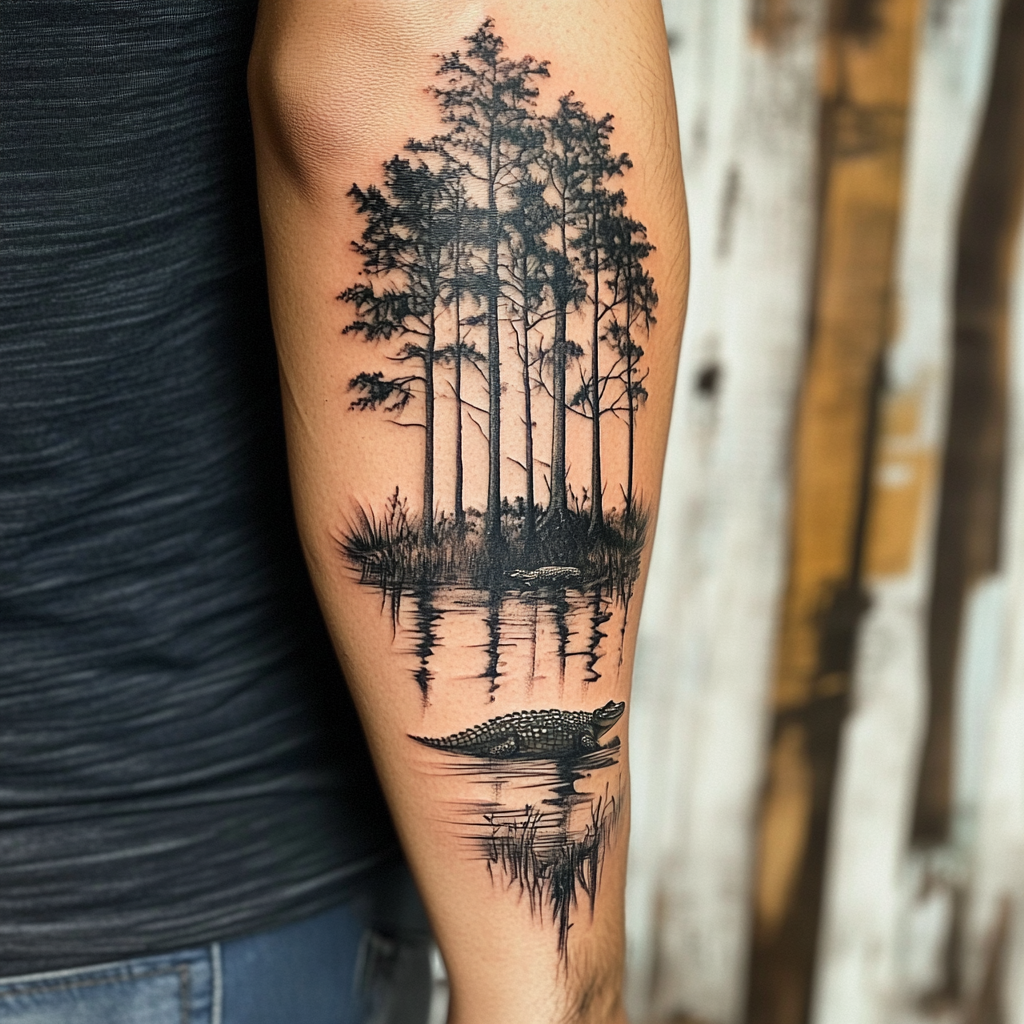 Louisiana swamp design tattoo: gator, cypress trees on forearm.