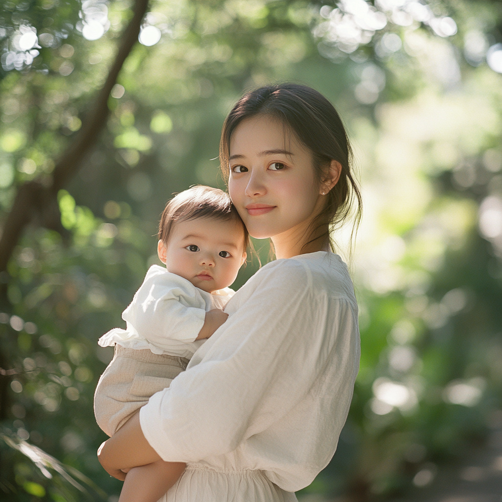 Loving Japanese Mother and Baby in Sunny Park