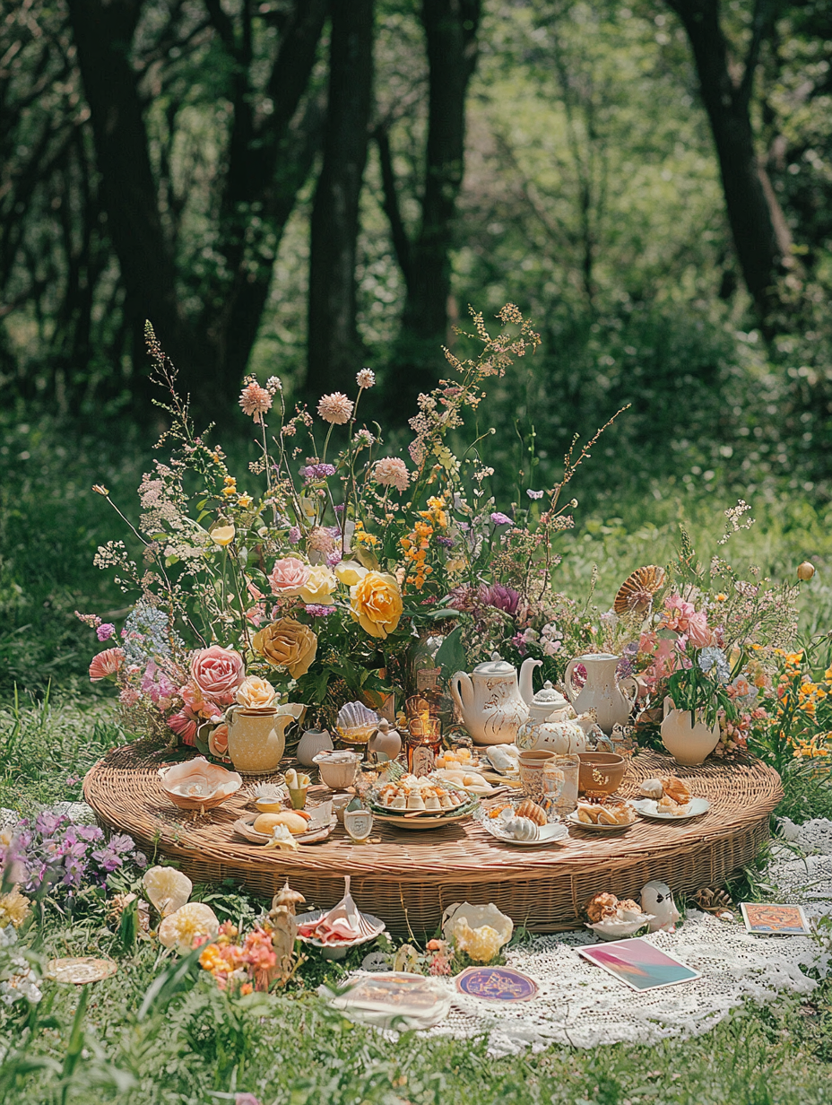 Low altar with flowers and decorations, 90s Japanese style.