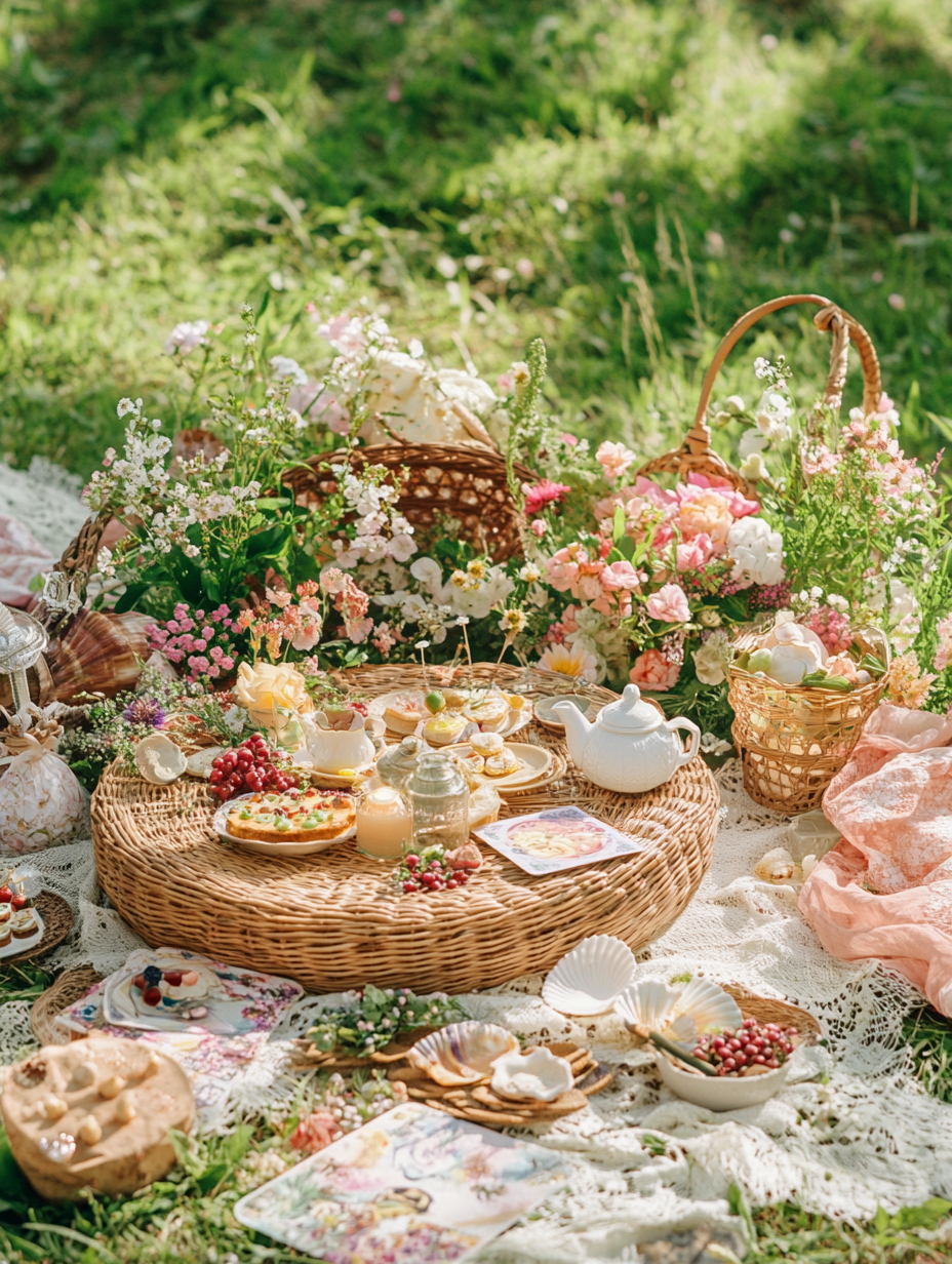 Low altar with wicker table, spring flowers, Japanese style.