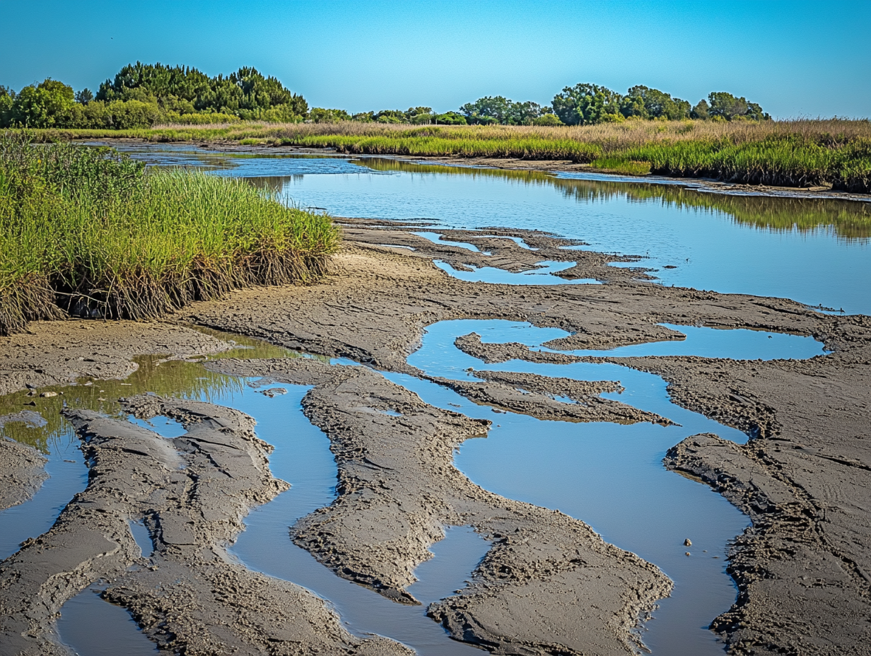 Low angle photo of California salt marshes near Delong Beach.