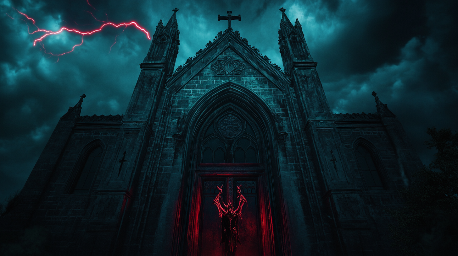 Low angle shot depicting satanic church entrance with manuelino touches, dark sky, and huge demon in front.