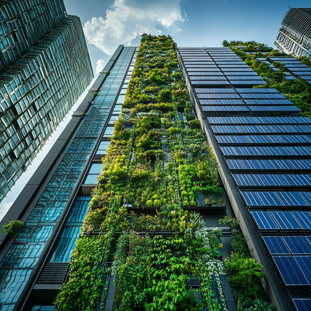 Low angle wide shot of modern eco-friendly architecture with solar panels, gardens, energy-efficient windows, sustainability, harmony with nature.