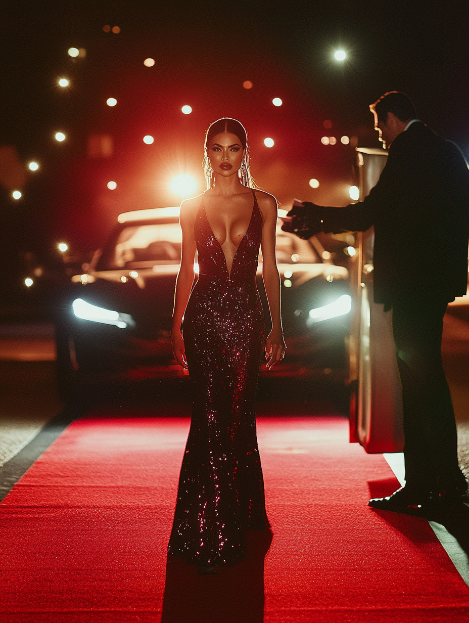 Low camera angle, Kendall Jenner walking towards camera, red carpet entrance, car in background.