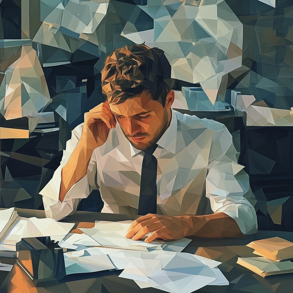 Low poly image: office manager unsure, surrounded by stress.