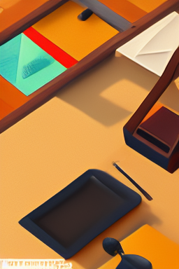 Low poly office table, people working, documents, phone.