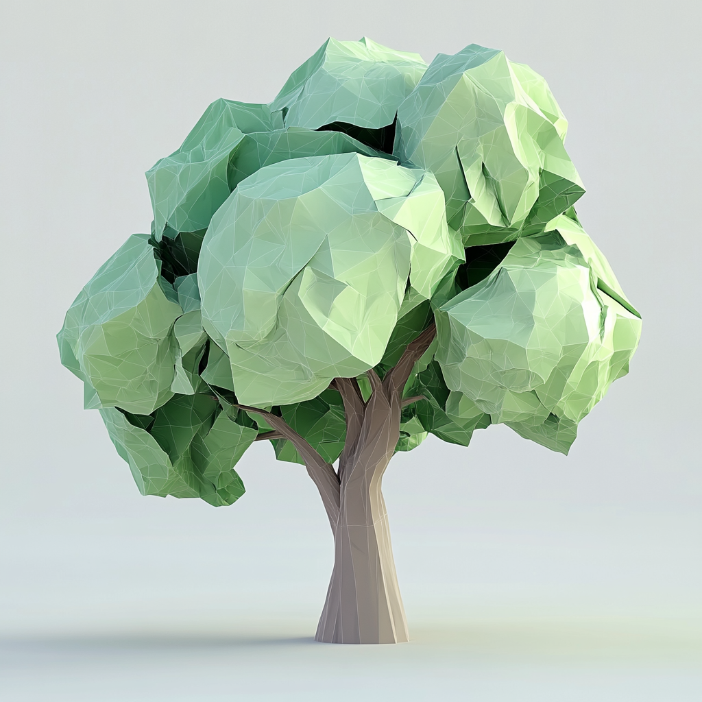 Low poly tree with big cabbages in game. Simple, geometric shapes with focus on lighting.