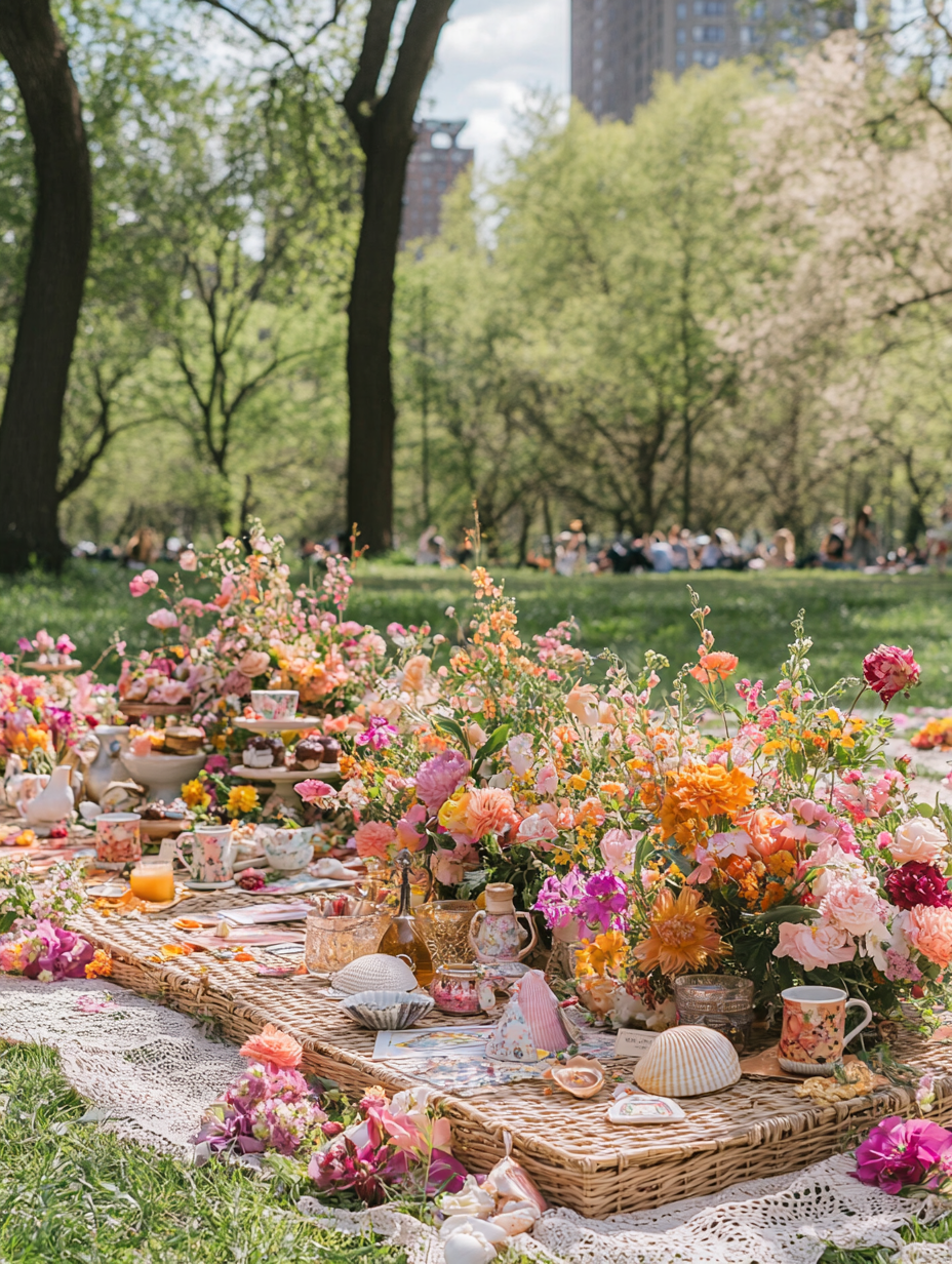 Low wicker altar with colorful flowers in park picnic.