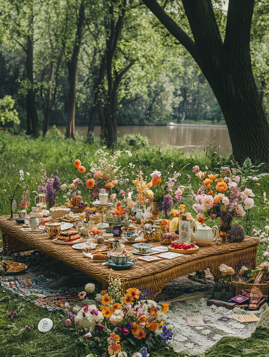 Low wicker altar with spring flowers, nostalgic 90s vibe.