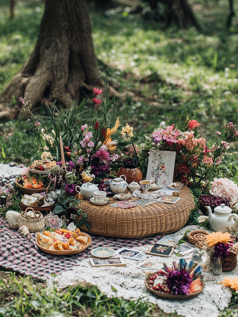 Low wicker altar with spring flowers in Japan park.