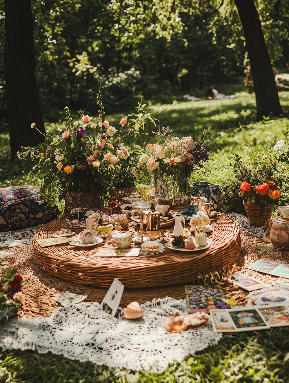 Low wicker altar with spring flowers in park picnic.