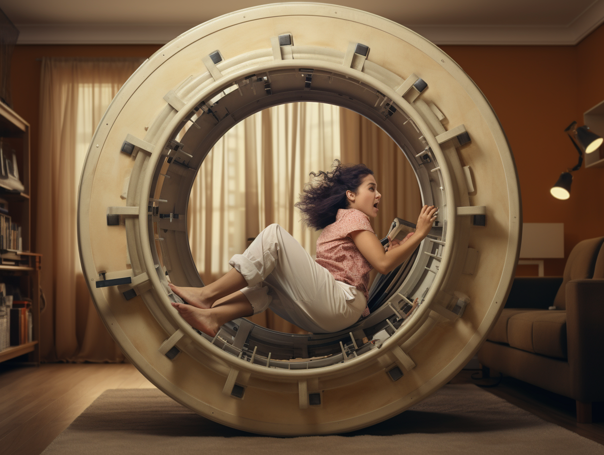 Woman Struggling on Giant Hamster Wheel