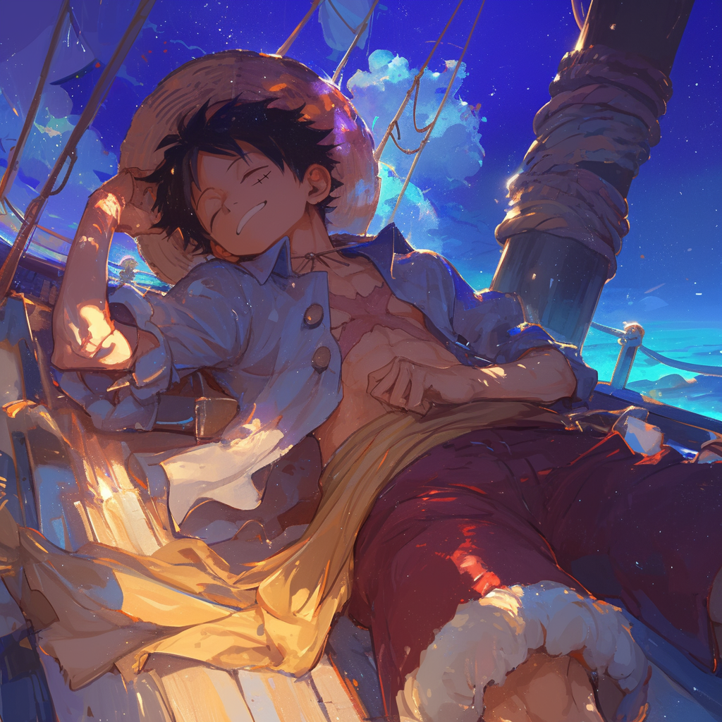 Luffy Sleeping Peacefully on Thousand Sunny Boat at Night