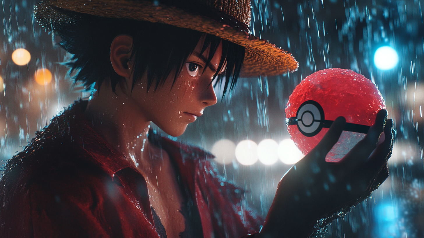 Luffy in pokeball, cinematic lighting, hyper realistic photography