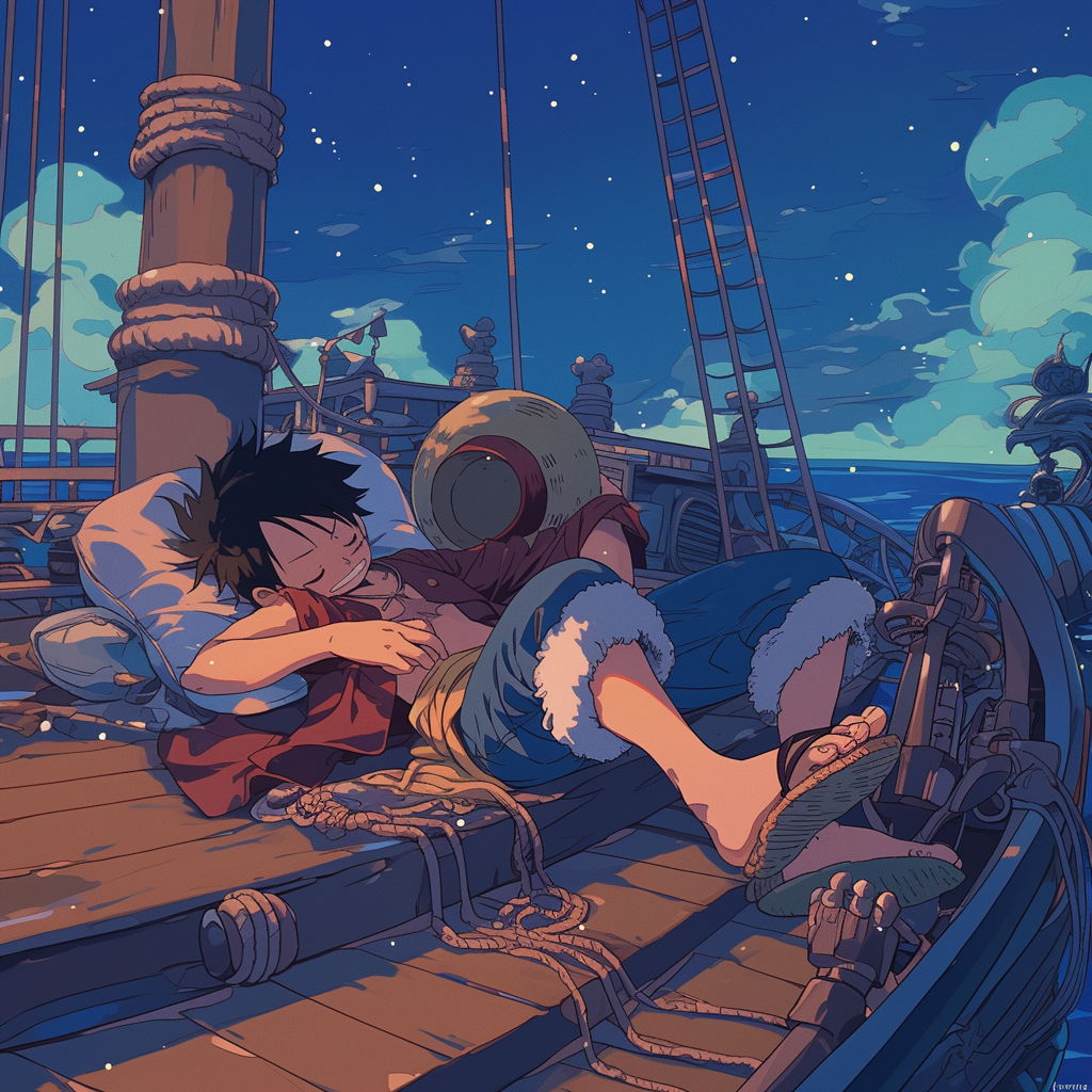 Luffy sleeps peacefully on Thousand Sunny at night