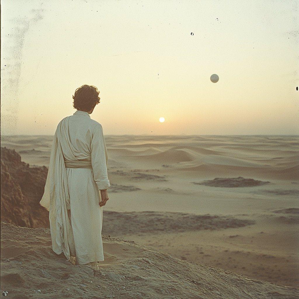 Luke Skywalker gazes at dual suns on Tatooine