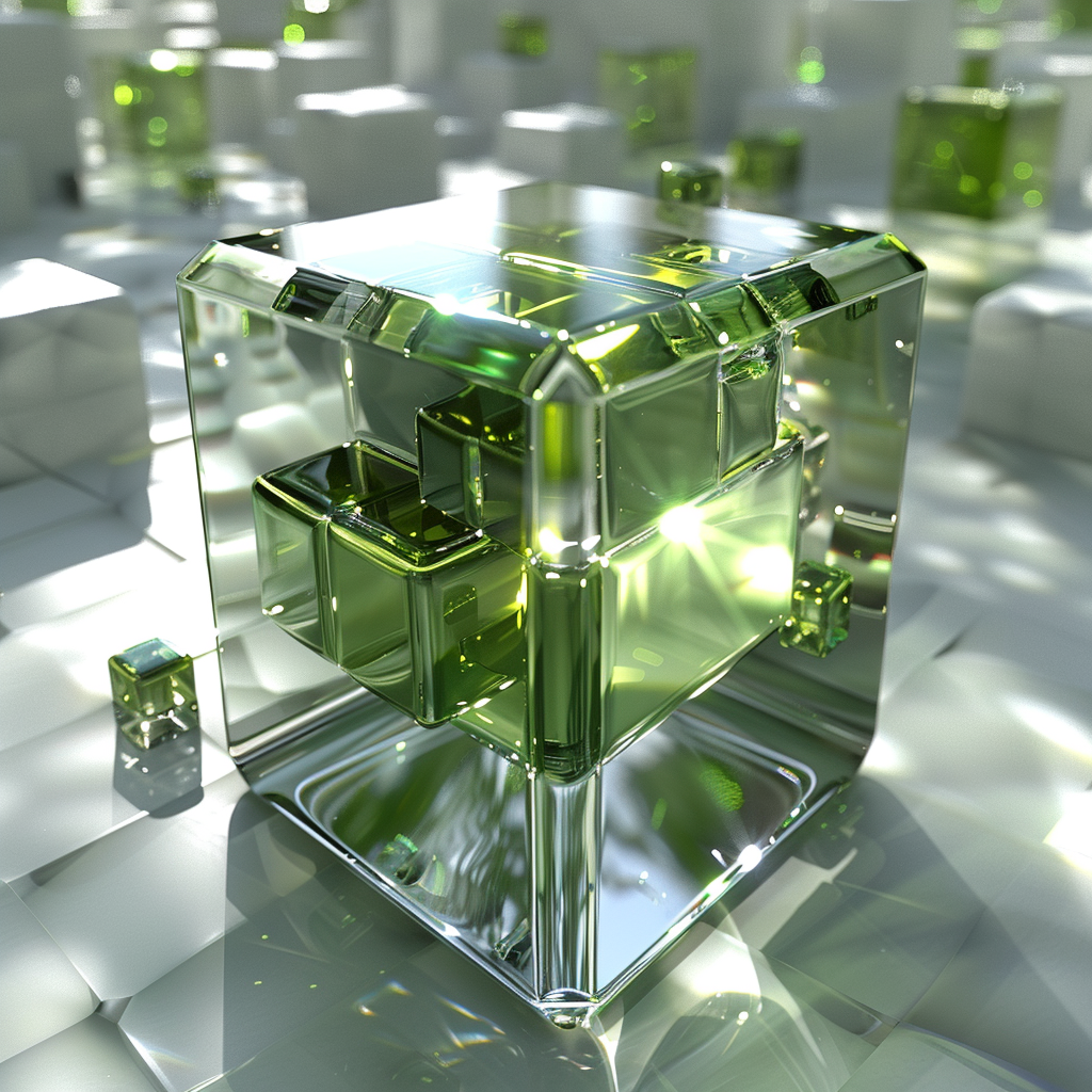 Luminous Glass Cube with Bright Green and White Shades