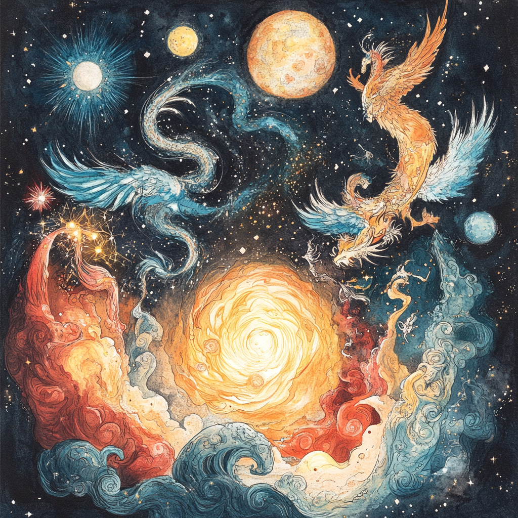 Luna and Sol Riding Cosmic Creatures Amid Vortex