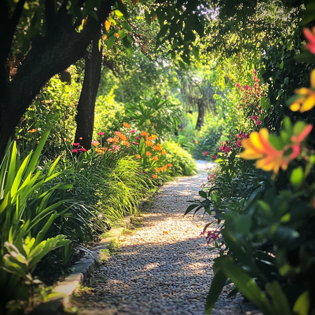 Lush Garden Path with Colorful Flowers in Soft Light