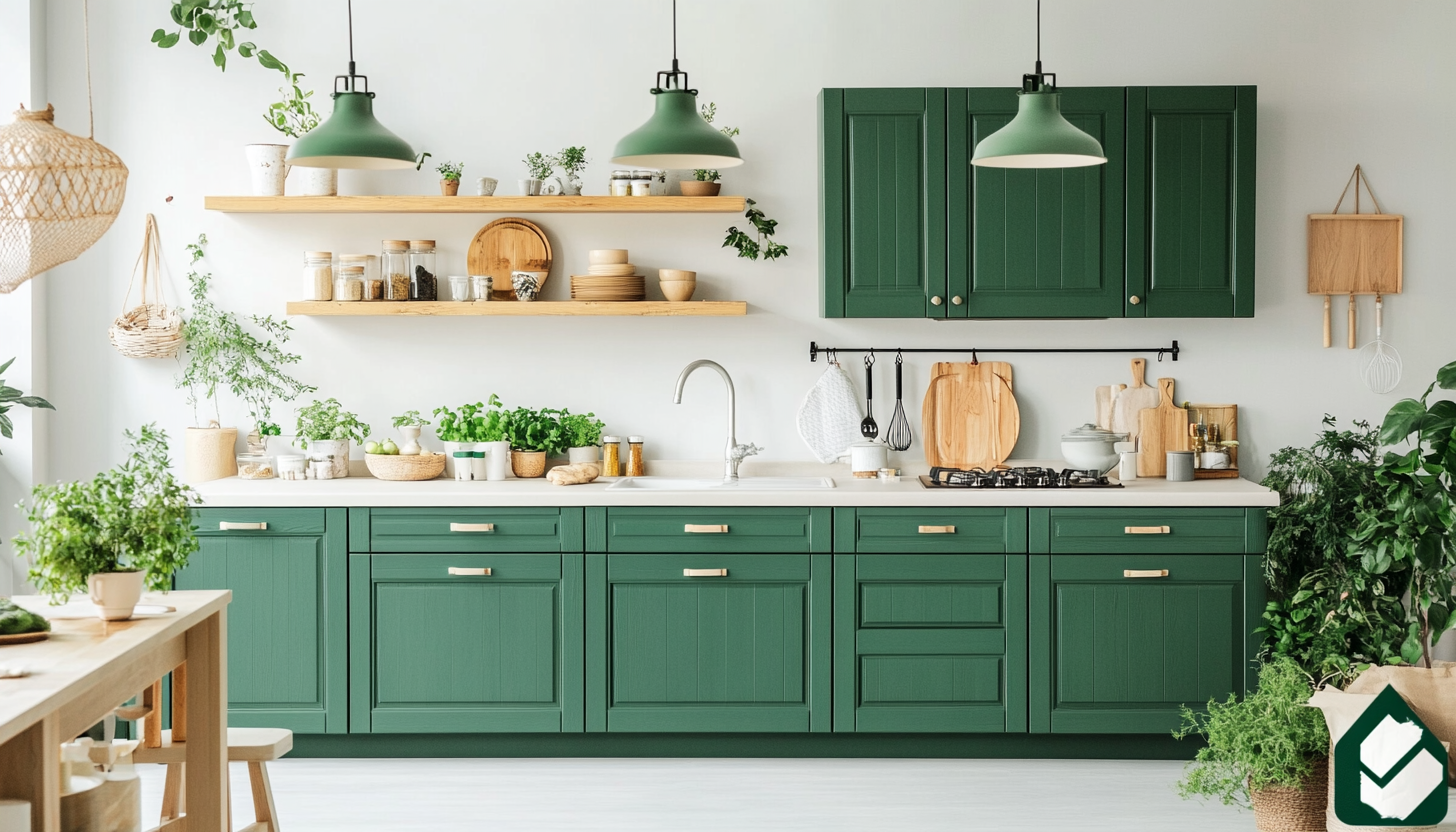 Lush Green Kitchen Cabinets in Modern Airy Space