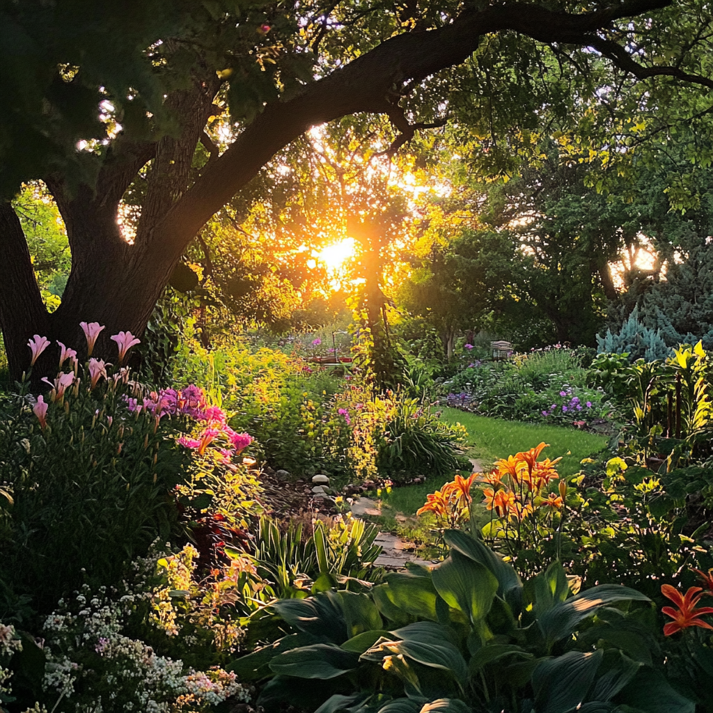 Lush evening garden with colorful flowers and golden light.