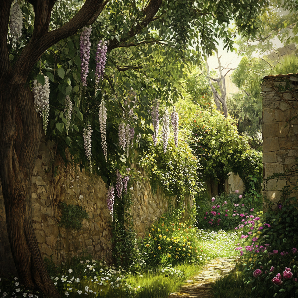 Lush garden with tall trees, blooming flowers, soft light.