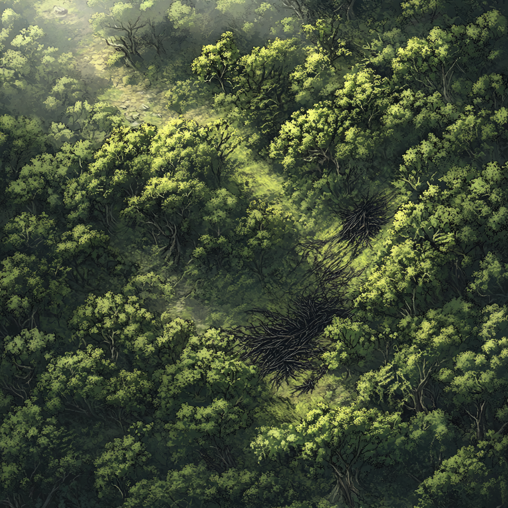 Lush green forest from above, black rot consuming.