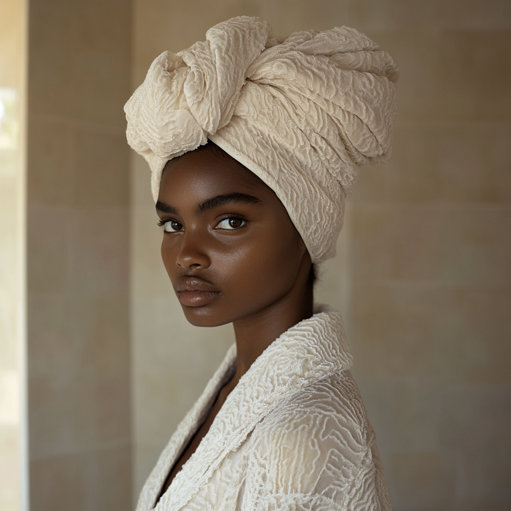 Luxurious Bathrobe Fashion Model in Softly Lit Bathroom