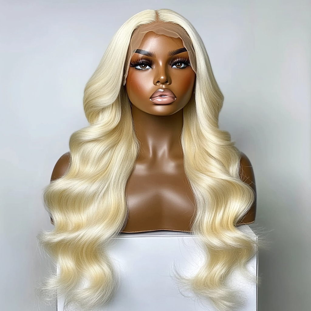 Luxurious Brazilian body wave blonde lace front wig.