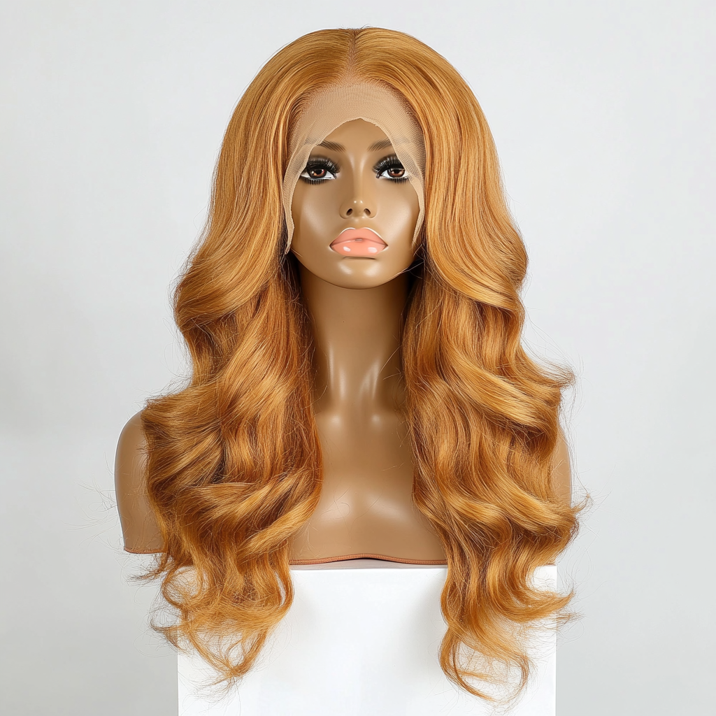 Luxurious Brazilian body wave honey blonde lace wig.