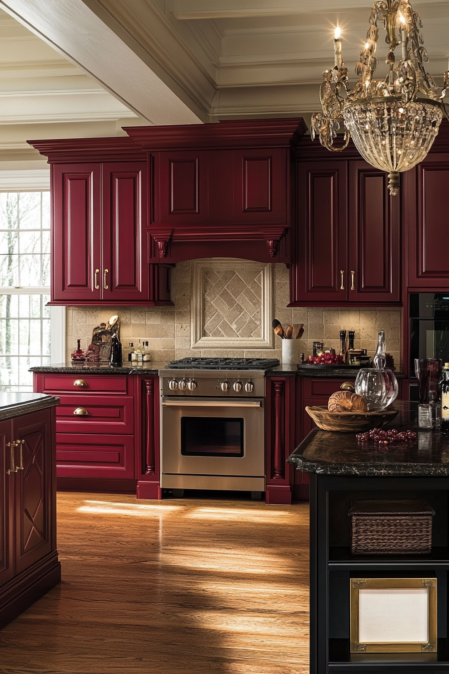 Luxurious Burgundy Bliss Kitchen with Elegant Gold Fixtures