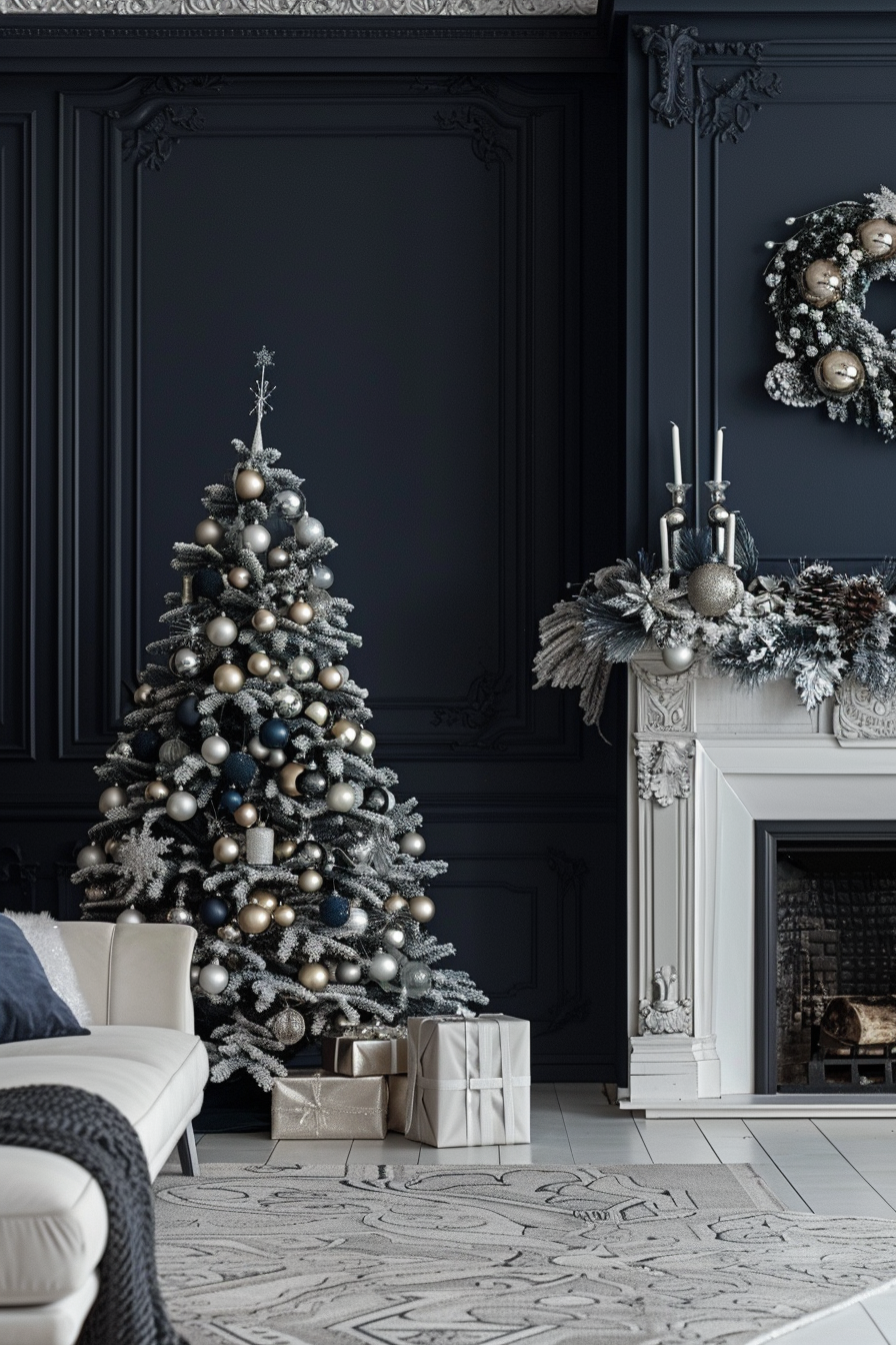 Luxurious Christmas-themed living room with navy wall.