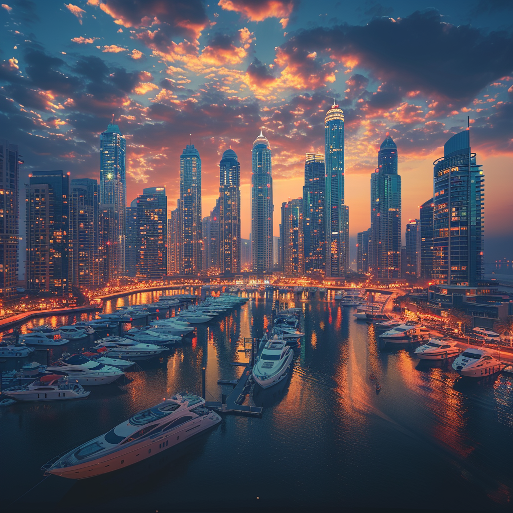 Luxurious Dubai skyline at twilight with glowing lights