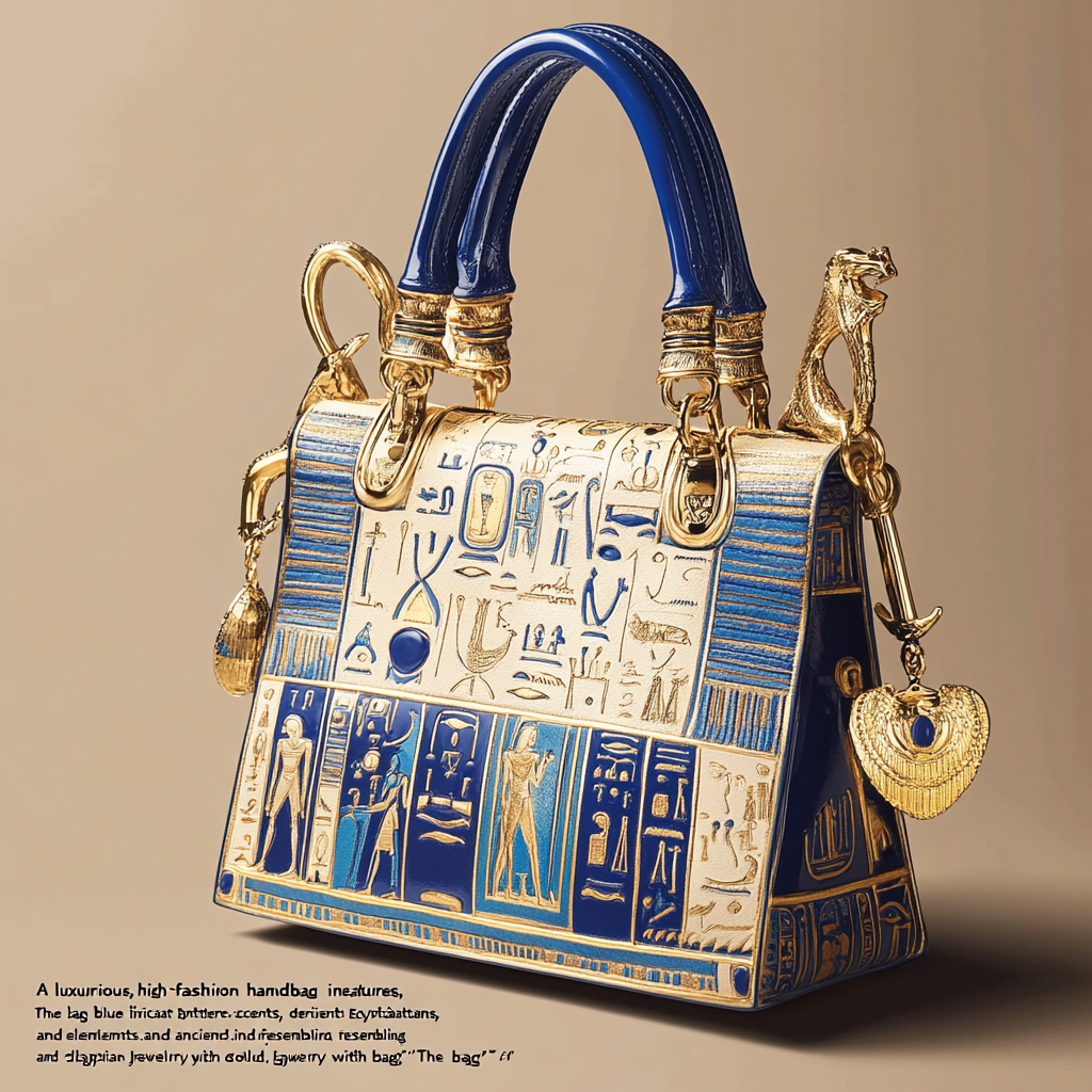 Luxurious Egyptian-inspired handbag with golden patterns and jewels.