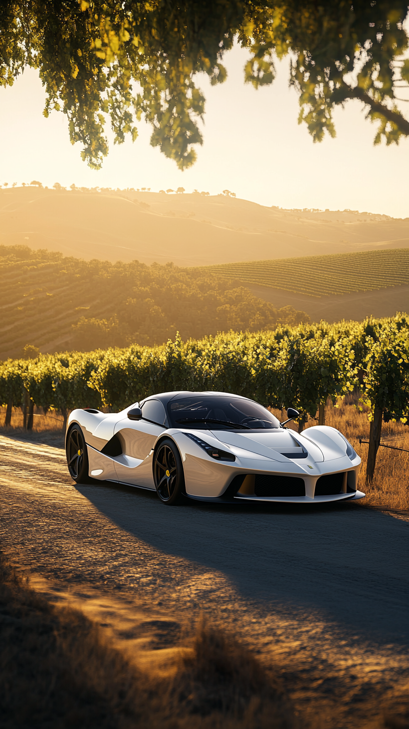 Luxurious Ferrari in vineyard at golden hour.