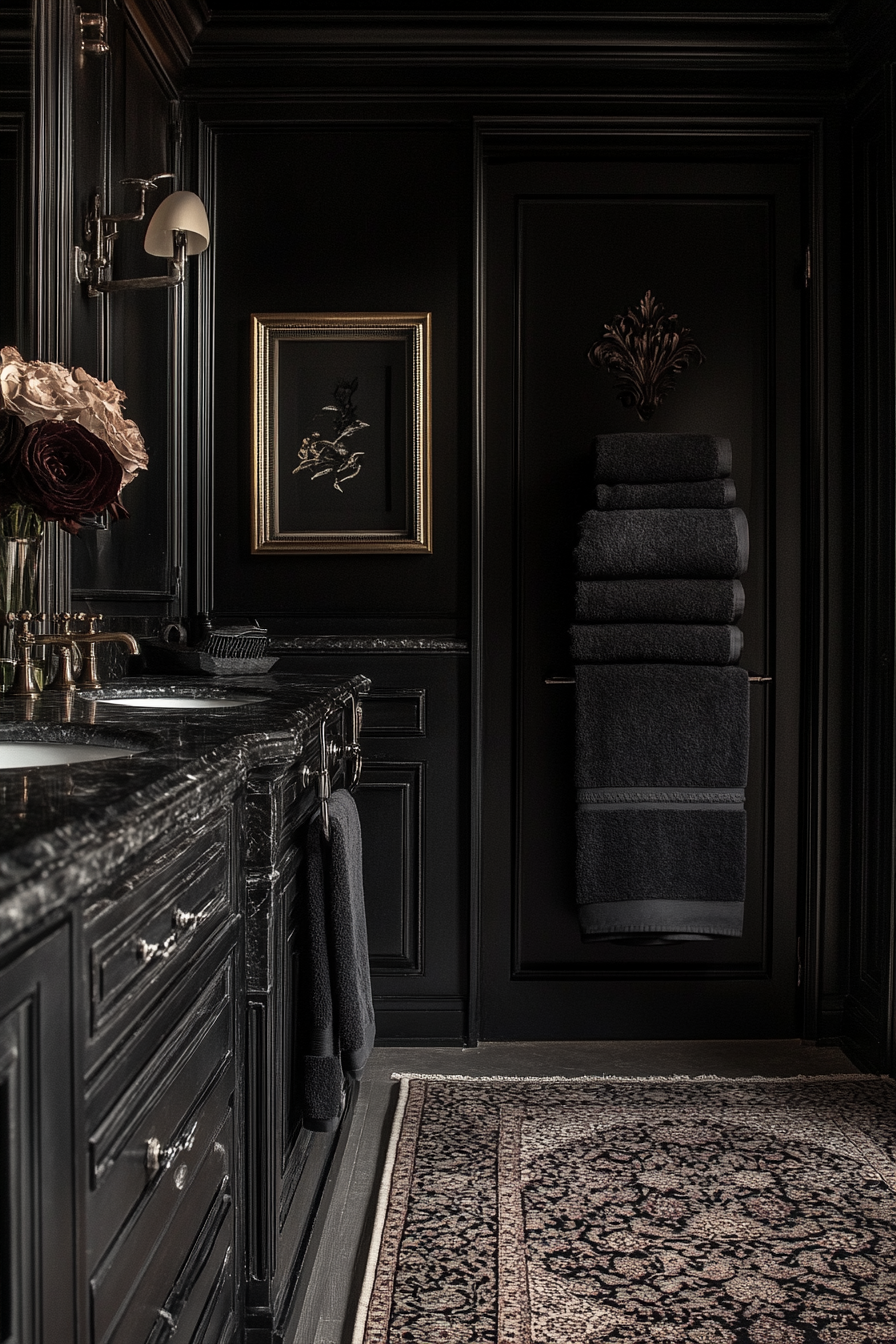 Luxurious Gothic bathroom with black marble and silver fixtures.