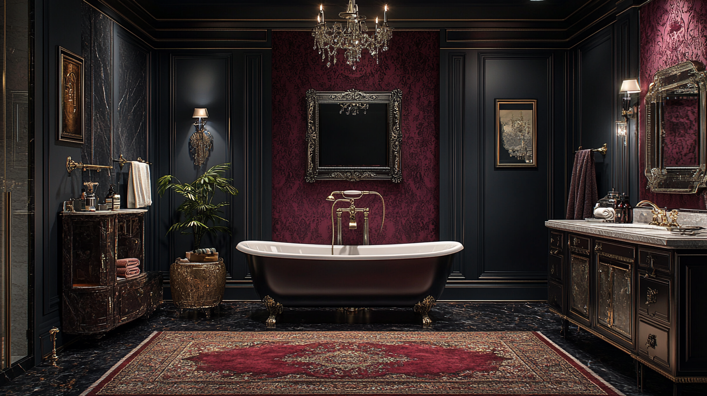 Luxurious Gothic bathroom with velvet drapes, crystal fixtures.