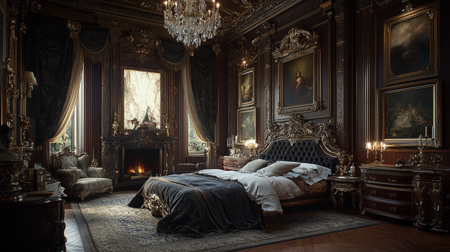 Luxurious Gothic bedroom with elegant furniture and decor.