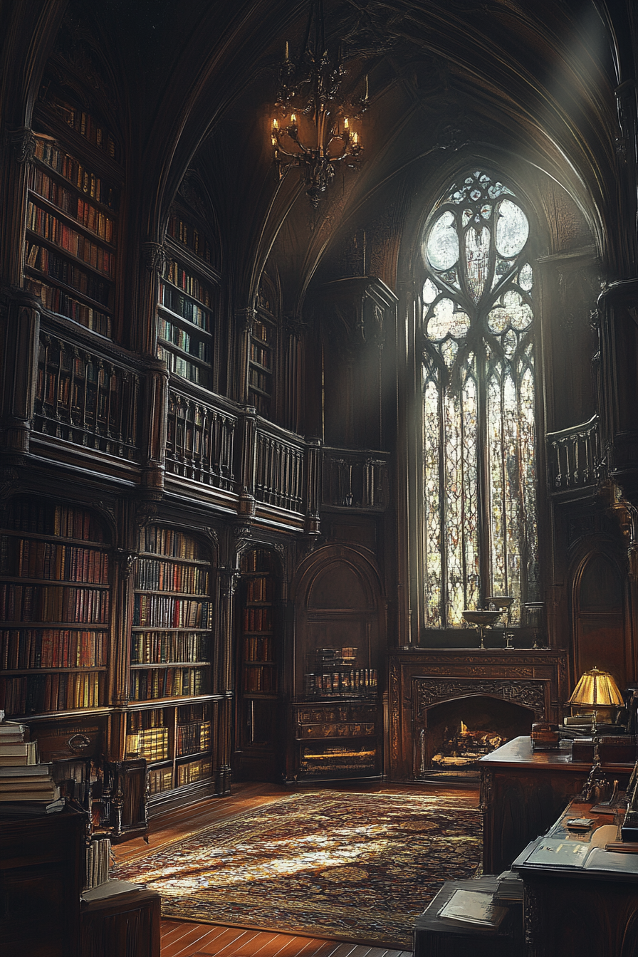 Luxurious Gothic-style library with spires and arches, books.