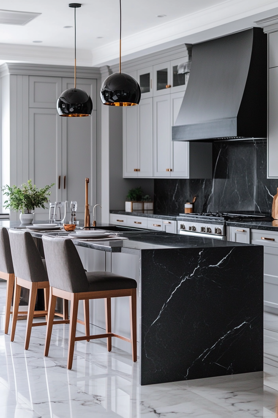 Luxurious Gray Kitchen with Marble Countertops and Appliances.