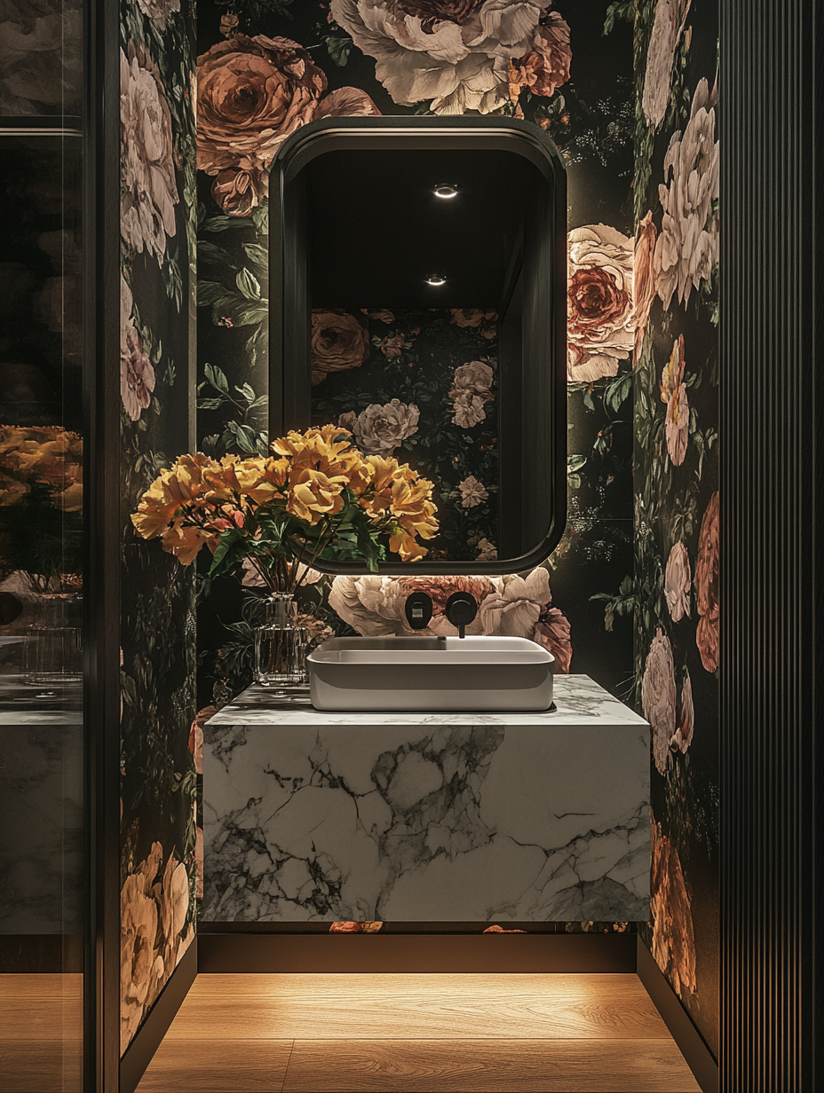 Luxurious Guest WC Design with Floral Wallpaper and Marble Sink