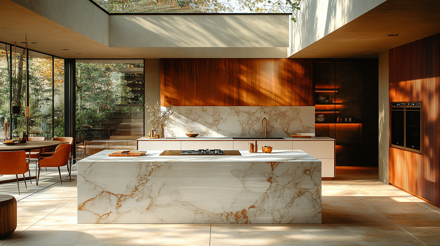 Luxurious Italian kitchen with sleek marble island, natural light.