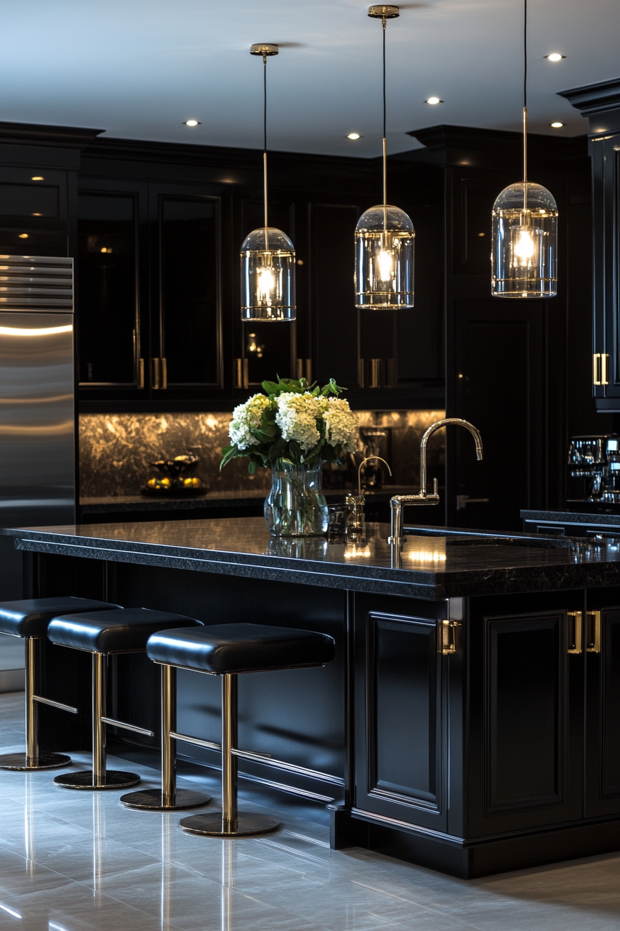 Luxurious Kitchen with Ebony Elegance Cabinets and Gold Accents